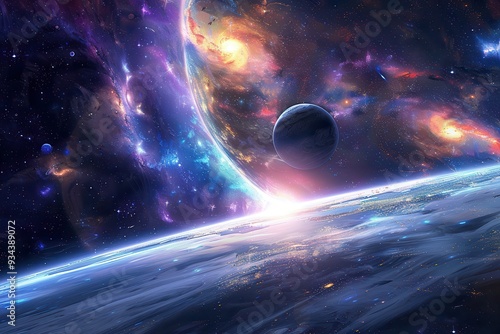 Breathtaking view of a distant planet with vibrant cosmic clouds and a starry night sky.