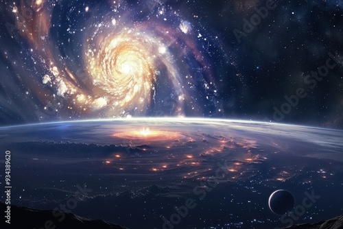 Glowing spiral galaxy with a blue and orange hue illuminating a distant planet.