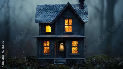 Creepy Dollhouse with Lights On and Ghostly Figure at Night in Spooky Forest