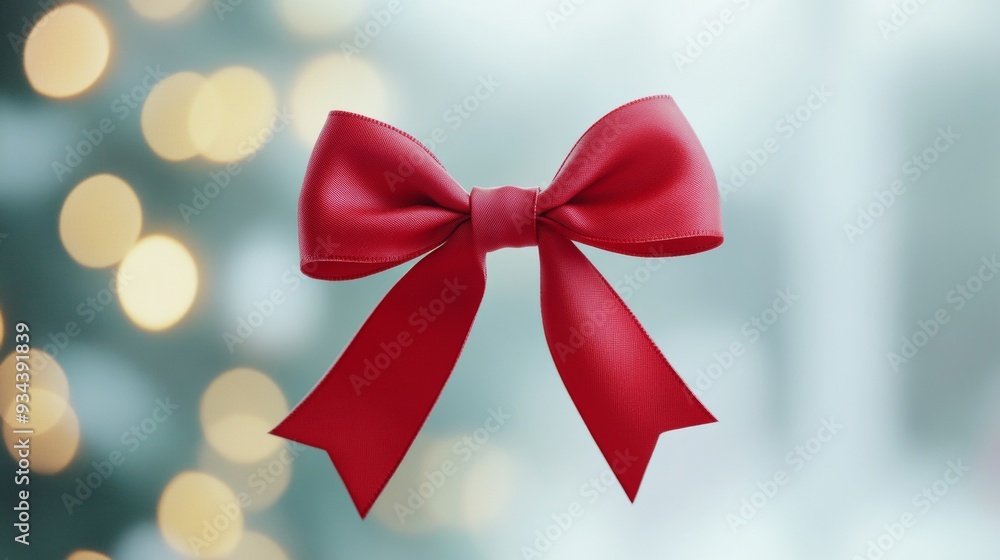 A red ribbon bow is suspended in the air A red ribbon bow is suspended in the air