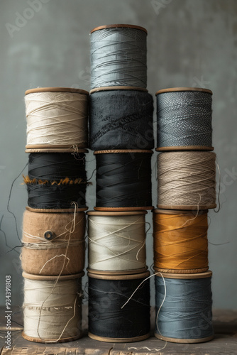 Stacks of Antique Spools of Thread photo