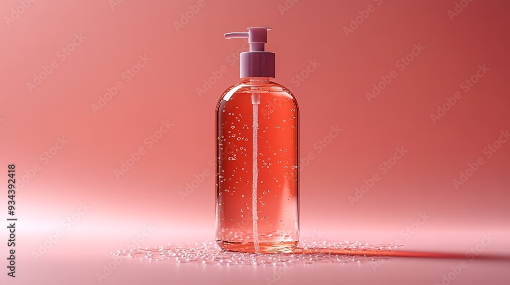 Clear glass bottle with pink pump dispenser filled with liquid soap or hand sanitizer, on a pink background with droplets of water surrounding the bottle. Clear glass bottle with pink pump dispenser filled with liquid soap or hand sanitizer, on a pink background with droplets of water surrounding the bottle.