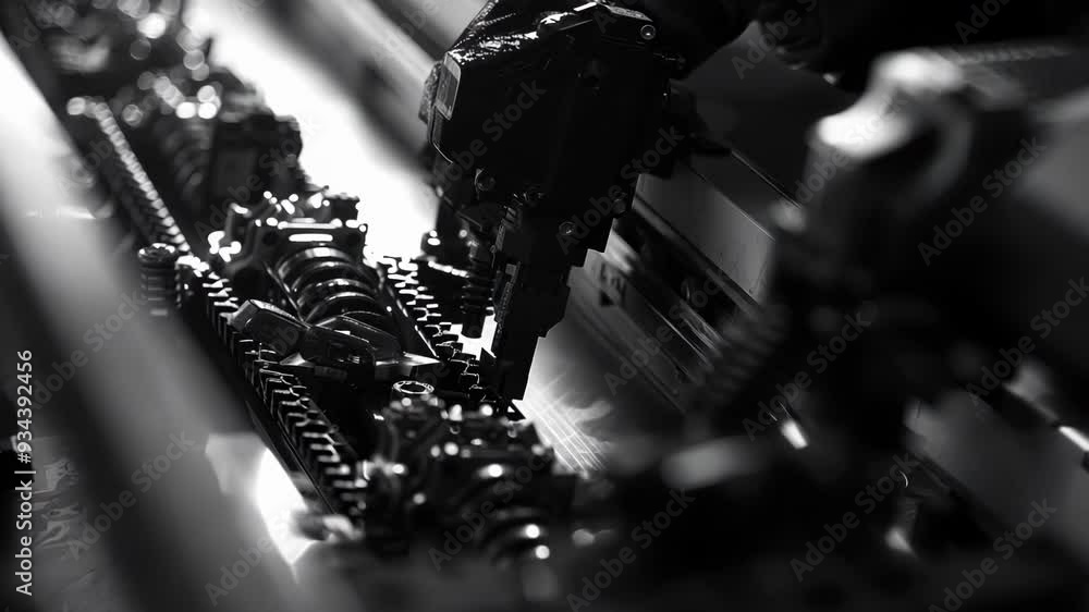 Robotic arm is meticulously placing components on a production line, highlighting the increasing automation and precision in modern manufacturing processes Robotic arm is meticulously placing components on a production line, highlighting the increasing automation and precision in modern manufacturing processes