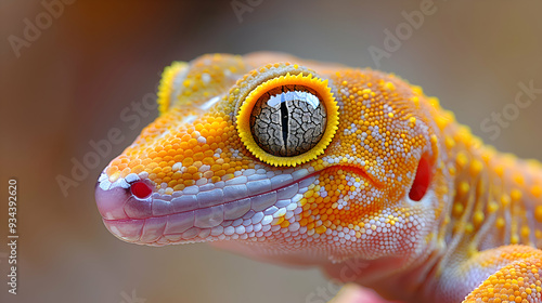 Amazon Dwarf Gecko head, its eyes and scales detailed with a soft focus background