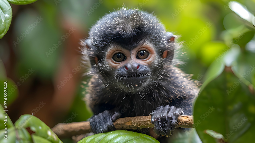 Amazon Dwarf Titi Monkey sitting on a branch, its expressive face and fur details visible Amazon Dwarf Titi Monkey sitting on a branch, its expressive face and fur details visible