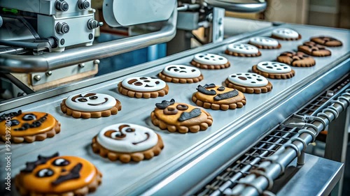  Halloween cookies with various spooky faces being produced on an assembly line, blending festive fun with industrial precision. Perfect for Halloween-themed advertisements, baking illustrations, and 