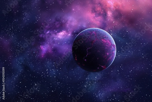 Glowing Purple Planet in Nebula with Stars