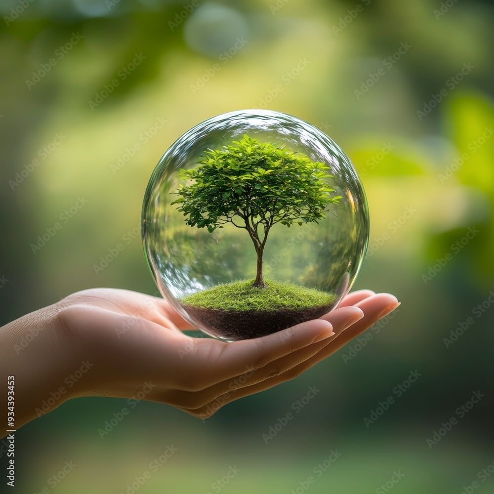 A hand holds a glass sphere with a tree on a forest background, an environmental concept for Earth Day. A hand holds a glass sphere with a tree on a forest background, an environmental concept for Earth Day.