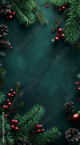 Festive Dark Green Background With Pine Branches And Red Berries