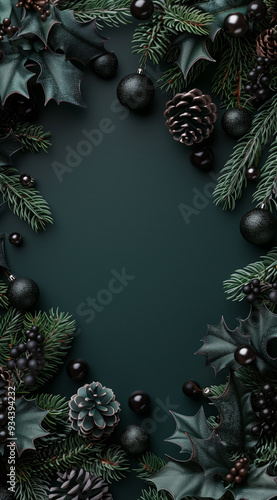 Dark Green Christmas Background with Pinecones and Holly