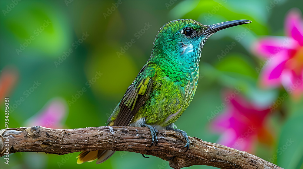 Fototapeta premium Amazon Emerald Toucanet perched on a branch, its vibrant green and blue colors standing out against the green