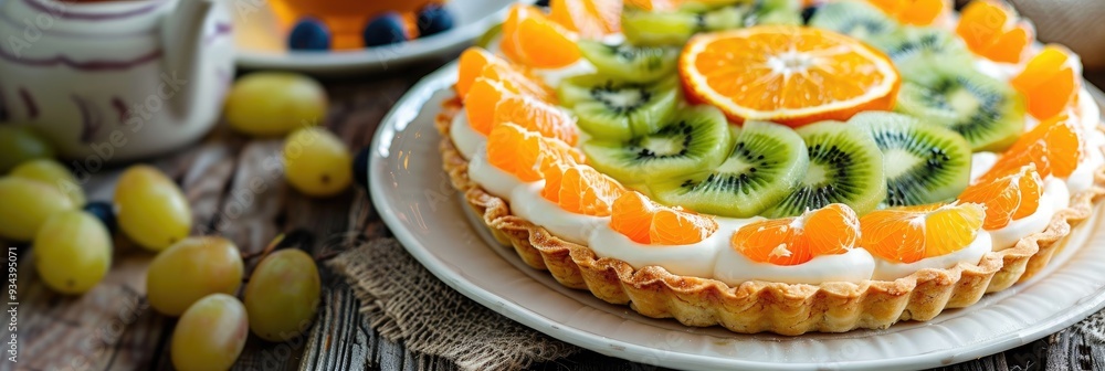 Cream cheese-filled fruit pie topped with kiwi, grapes, and oranges, presented on a white plate atop a wooden table, accompanied by a cup of tea. Selective focus. Cream cheese-filled fruit pie topped with kiwi, grapes, and oranges, presented on a white plate atop a wooden table, accompanied by a cup of tea. Selective focus.