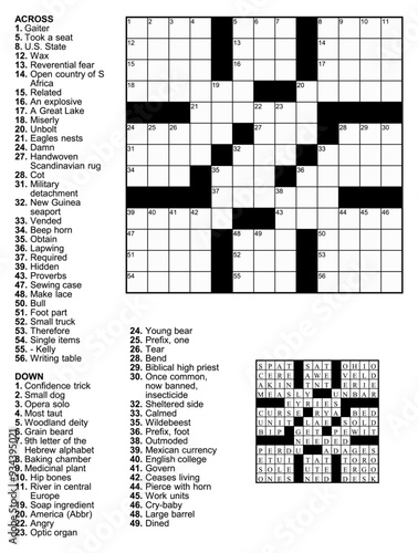American Crossword puzzle game with 13 x 13 squares with clues and solution.