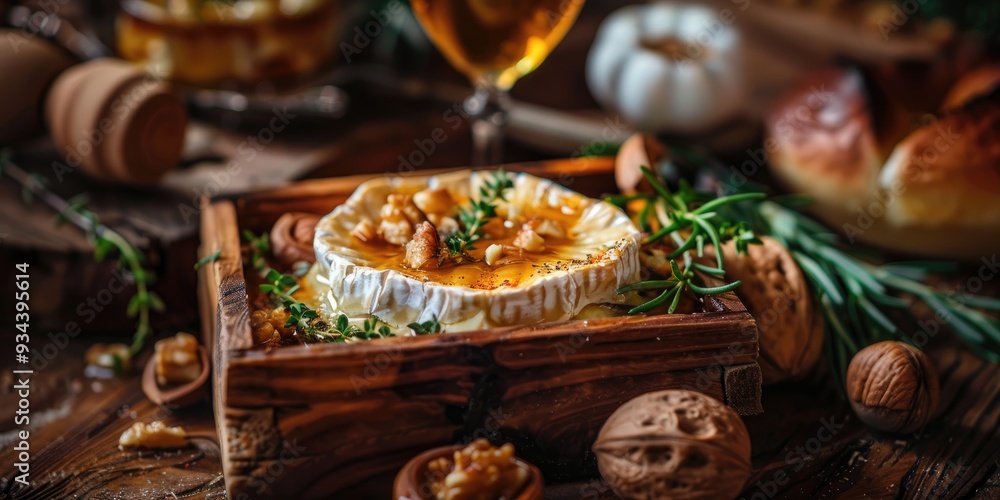 Baked Camembert Cheese in Wooden Box with Honey Herbs and Nuts French Delicacy in Rustic Presentation Baked Camembert Cheese in Wooden Box with Honey Herbs and Nuts French Delicacy in Rustic Presentation