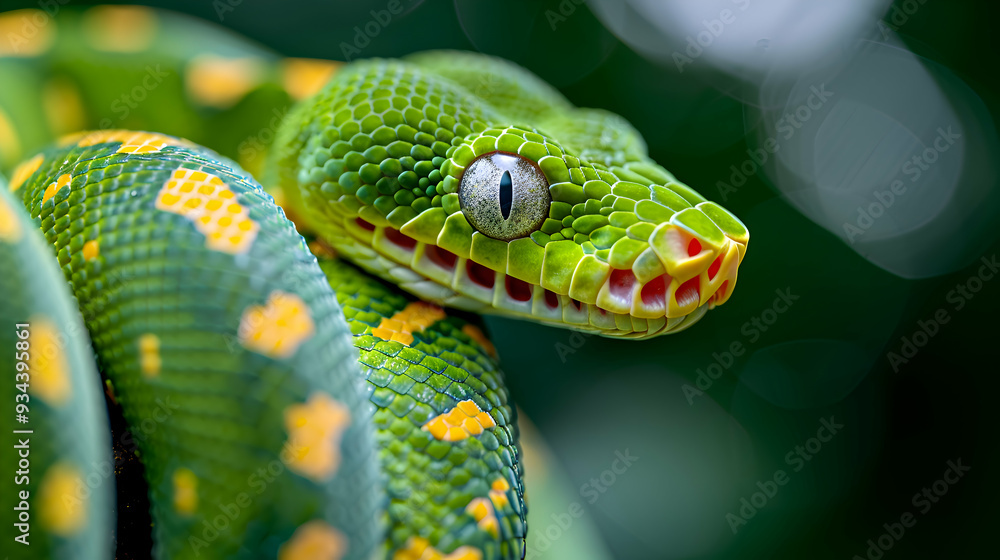 Fototapeta premium Amazon Emerald Tree Boa detailed scales and eye, with a blurred background