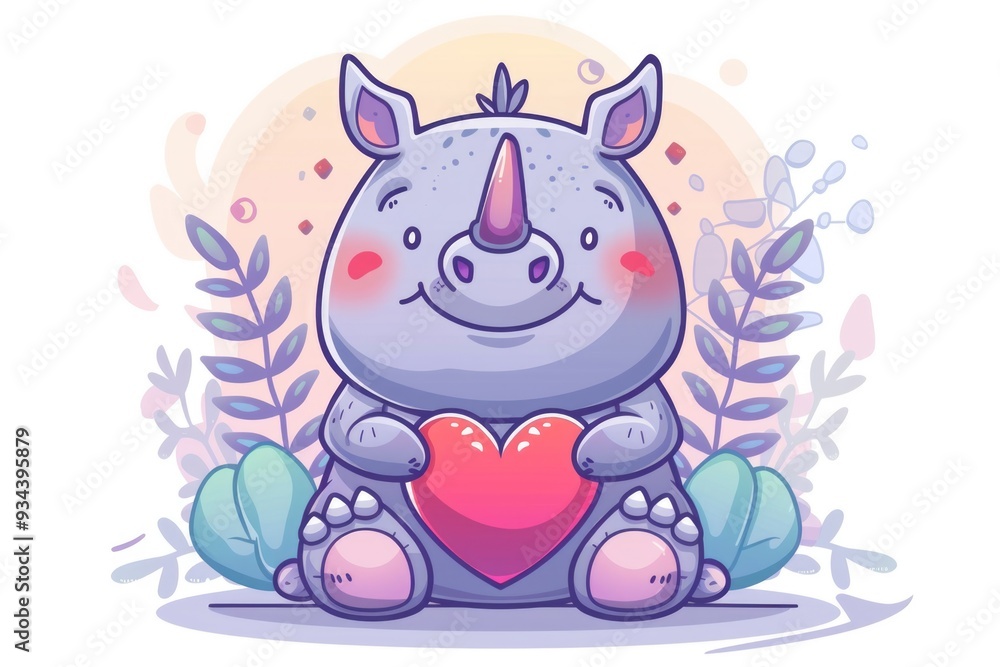 Baby rhinoceros holding a heart with a gentle smile, surrounded by foliage. Soft pastel tones enhance the feeling of love and tenderness. ai Baby rhinoceros holding a heart with a gentle smile, surrounded by foliage. Soft pastel tones enhance the feeling of love and tenderness. ai