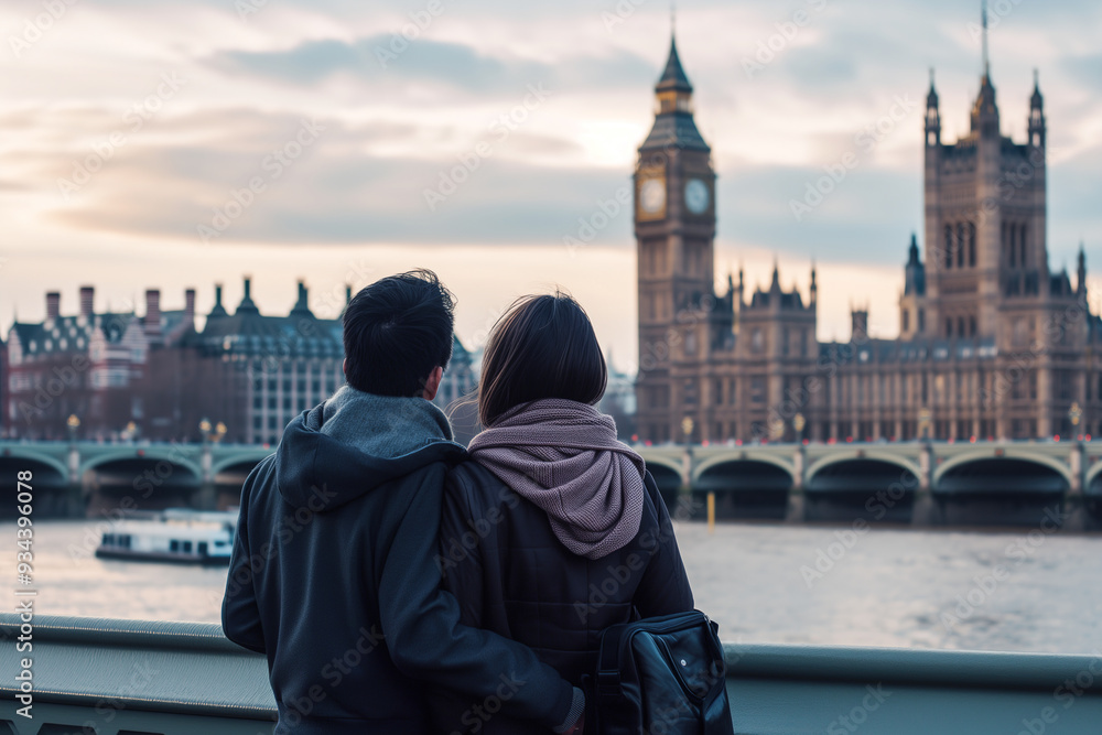 Obraz premium Couple enjoying a romantic moment by the River Thames at sunset