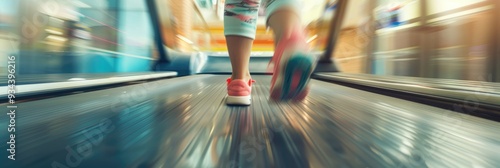 Motion blur of a young girl's feet in motion on a treadmill