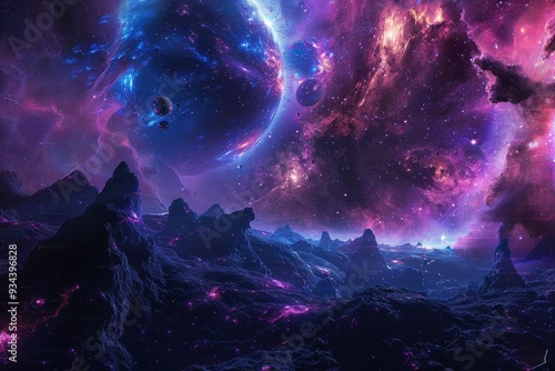 Alien planet landscape with vibrant cosmic nebula and stars