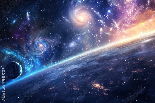 Earth's Horizon with Colorful Nebulae and Glowing Stars in Deep Space