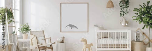 Gray whale poster in a stylish nursery featuring a white wooden rocking chair, rocking horse, crib, and a Scandinavian ladder with blank wall space. photo