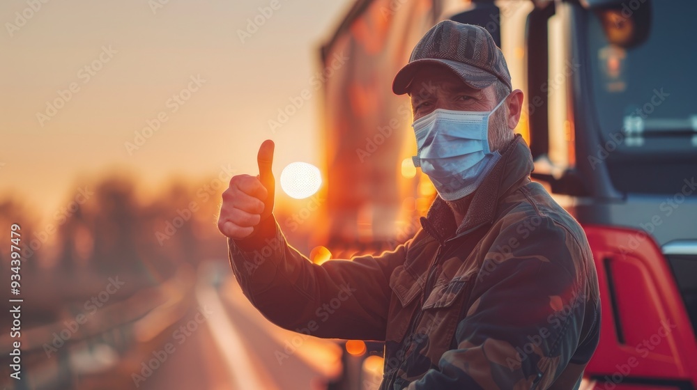 Truck driver in a face mask making a thumbs-up gesture during the COVID-19 outbreak Truck driver in a face mask making a thumbs-up gesture during the COVID-19 outbreak