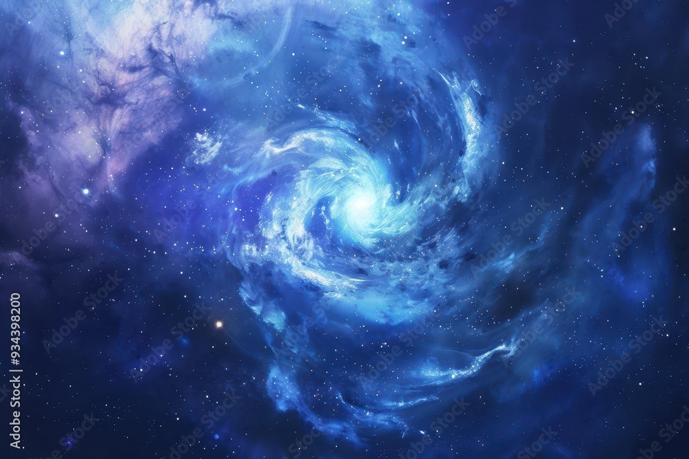 Blue and purple glowing spiral galaxy with stars in deep space Blue and purple glowing spiral galaxy with stars in deep space