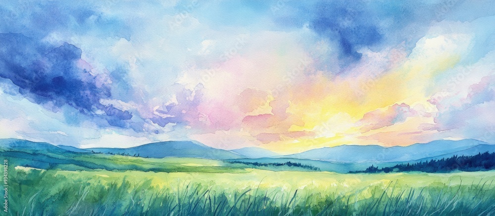 Obraz premium Watercolor artwork depicting a vibrant summer sky and landscape