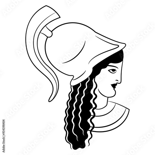 Head of Ancient Greek warrior goddess Athena Pallas or Minerva wearing helmet. Amazon woman profile. Black and white silhouette.