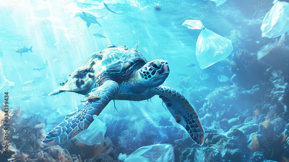 Fototapeta premium Turtle swims in a polluted sea