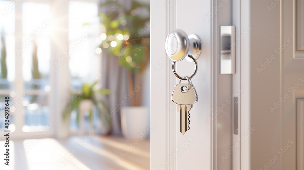 Keys Hanging on a Door. Concept of Buying New Home and Real Estate Keys Hanging on a Door. Concept of Buying New Home and Real Estate