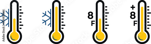 Thermometer Icon Set featuring hot and cold temperature indicators. Ideal for weather apps, climate studies, and scientific presentations. Editable vector graphics for customization.