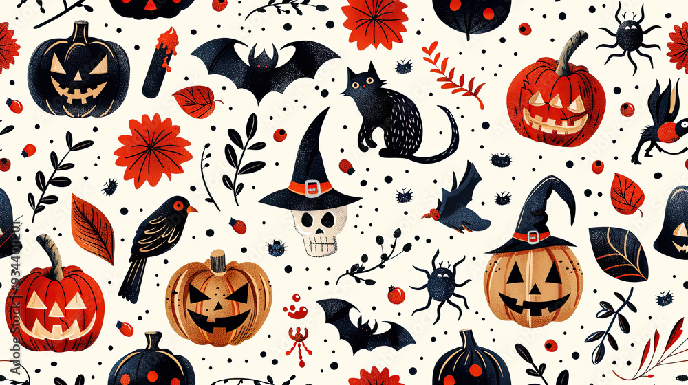 Cute set of mascots pumpkin head, black cat, skeleton, ghost, eyes, bat, Halloween sweets and candies Cute set of mascots pumpkin head, black cat, skeleton, ghost, eyes, bat, Halloween sweets and candies