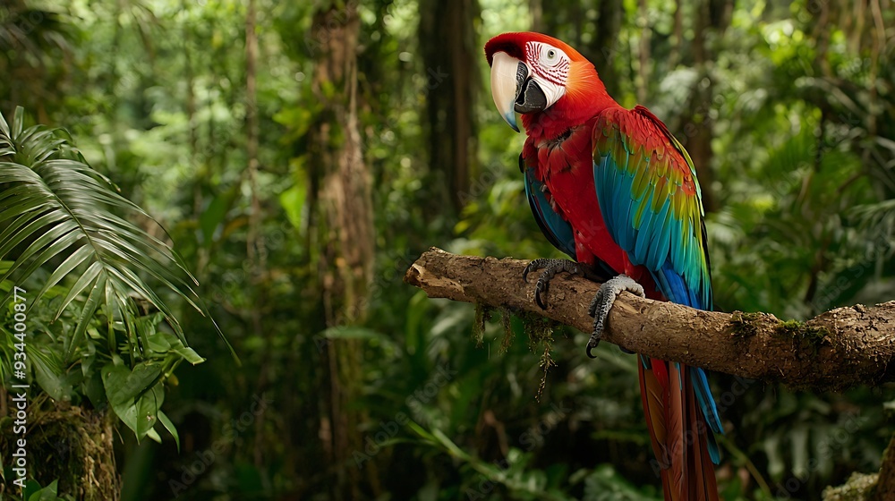 Obraz premium Scarlet Macaw Perched on Branch in Rainforest