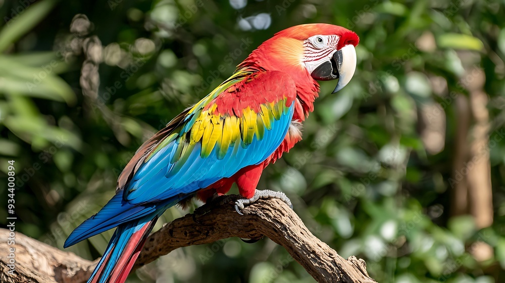 Obraz premium Scarlet Macaw Perched on Branch in Green Foliage