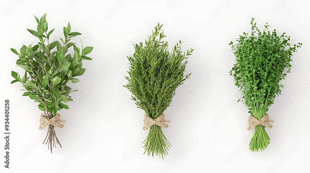 Fototapeta premium Fresh Herbs Bundle Rosemary Thyme Oregano White Background