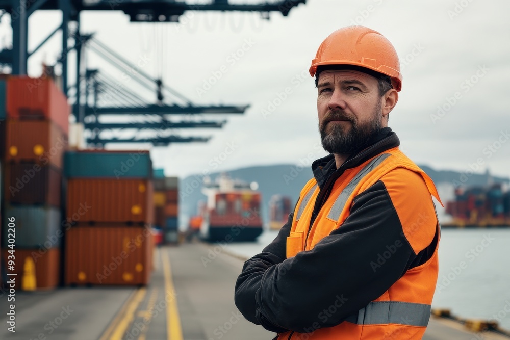 A bearded dock worker stands confidently at a shipping port, with containers and cranes in the background. A bearded dock worker stands confidently at a shipping port, with containers and cranes in the background.