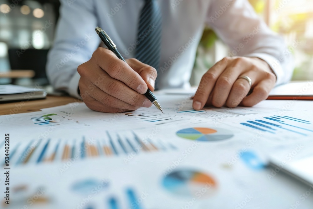 A businessman closely analyzes financial charts and graphs. A businessman closely analyzes financial charts and graphs.