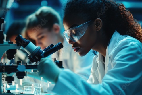 An African-American female scientist in a laboratory focuses intently on her research.