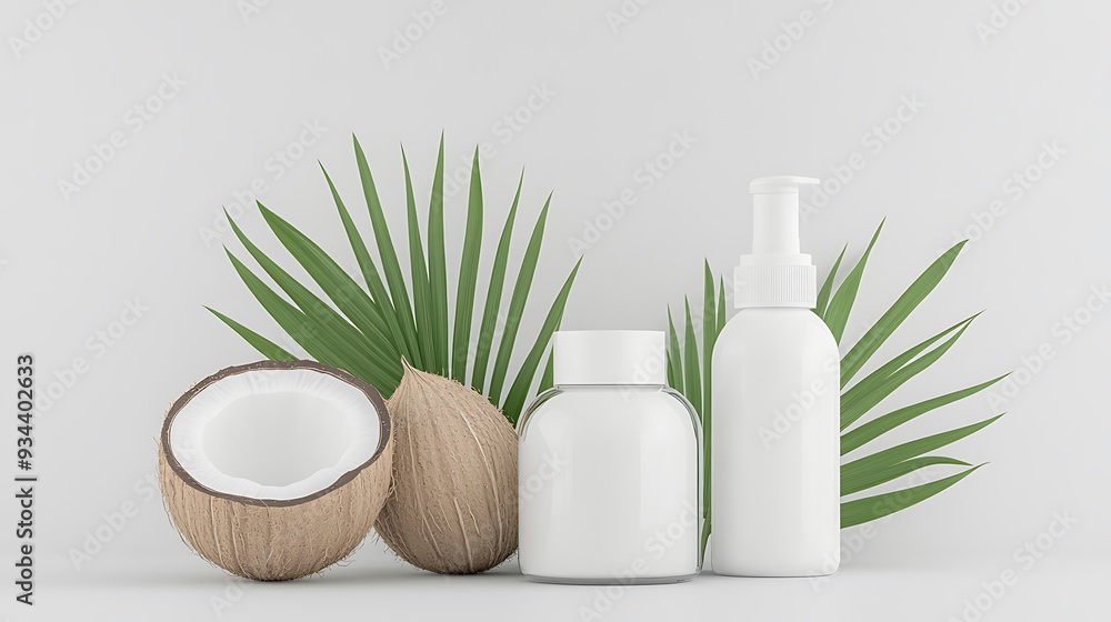 Coconut Oil and Cream Mockup with Palm Leaves and White Background Coconut Oil and Cream Mockup with Palm Leaves and White Background