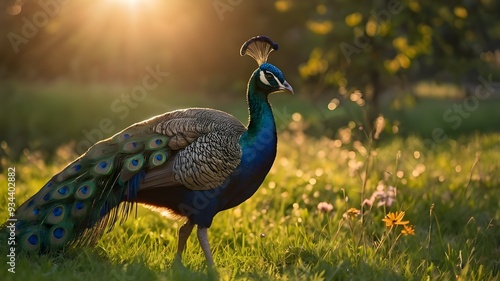 Full-Length Portrait of Majestic Male Peacock on Verdant Grass with Blooming Wildflowers – Summer Splendor photo