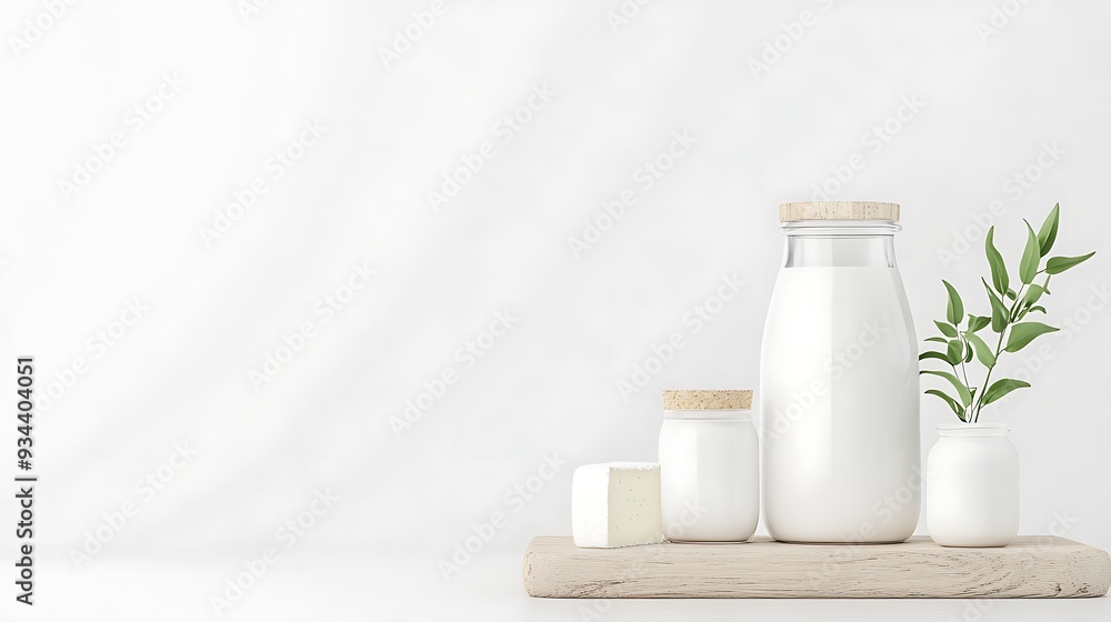 Milk Cheese and Green Branch on Wooden Shelf with Copy Space Milk Cheese and Green Branch on Wooden Shelf with Copy Space