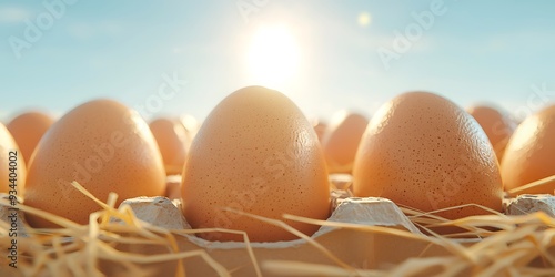 Fresh Brown Eggs in a Carton with Straw Nest and Sun Light photo