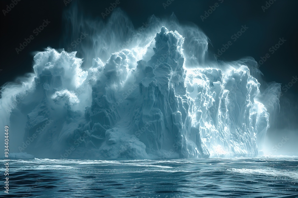 Sun melts glacier in icy blue arctic water. Shows effects of climate change. Global warming concept, melting ice formations Sun melts glacier in icy blue arctic water. Shows effects of climate change. Global warming concept, melting ice formations