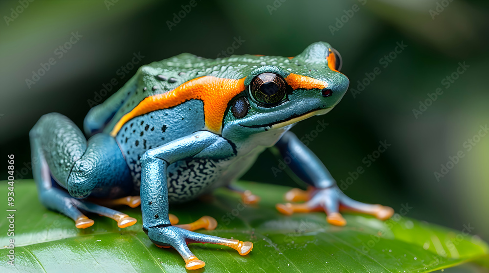 Obraz premium Amazon Green Dart Frog sitting on a bright green leaf, its vibrant colors standing out