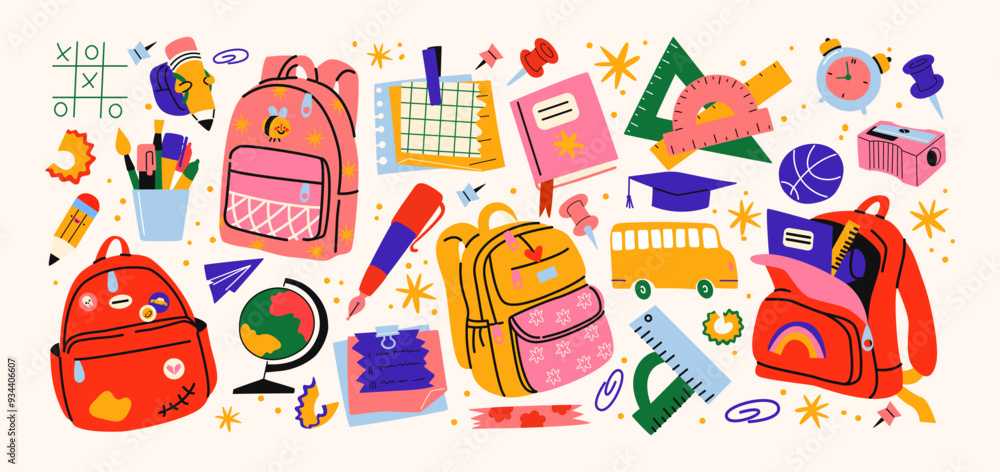Back to school stickers. Backpacks, school items, stationery, notebooks in retro groovy cartoon style. Vector shapes for study, school, university Back to school stickers. Backpacks, school items, stationery, notebooks in retro groovy cartoon style. Vector shapes for study, school, university