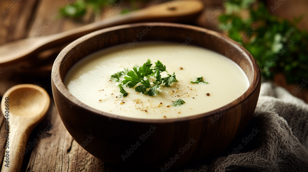 a close up of a potato soup in a wooden bowl a close up of a potato soup in a wooden bowl