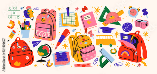 Back to school stickers. Backpacks, school items, stationery, notebooks in retro groovy cartoon style. Vector shapes for study, school, university