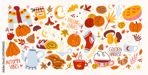 Cozy hygge autumn stickers in cartoon style. Fallen leaves, hot chocolate, cocoa, sweater, harvest time. Set of doodle groovy vector shapes hand drawn