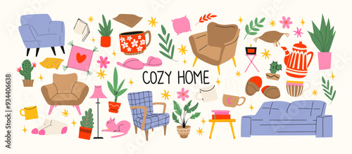 Hygge cozy stickers in cartoon style. Autumn vector illustrations. Scandinavian style, home decor, interior elements and home comfort. Trendy cute shapes